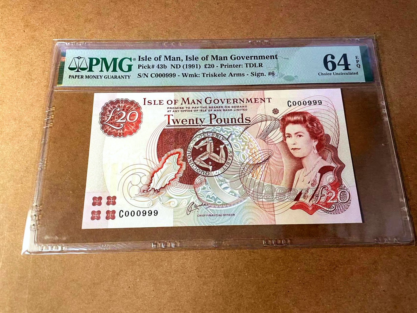 【Blue Auction】✨世界纸币精拍第451期【精】 【000999豹子小号】马恩岛 1991年20镑 PMG64EPQ 女王