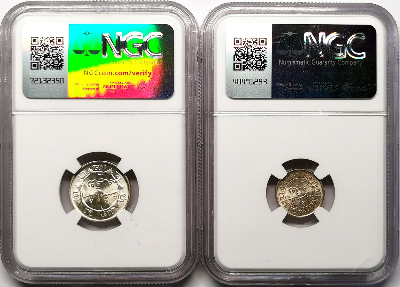 凡希社世界钱币微拍第二百六十四期 1945荷属东印度1/10与1/4盾银币一对NGC-MS64