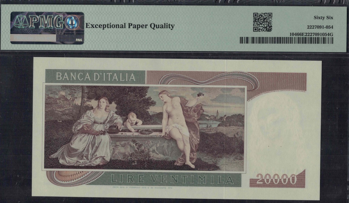 意大利1975年20000里拉 P-104 欧洲纸币 实物图 UNC