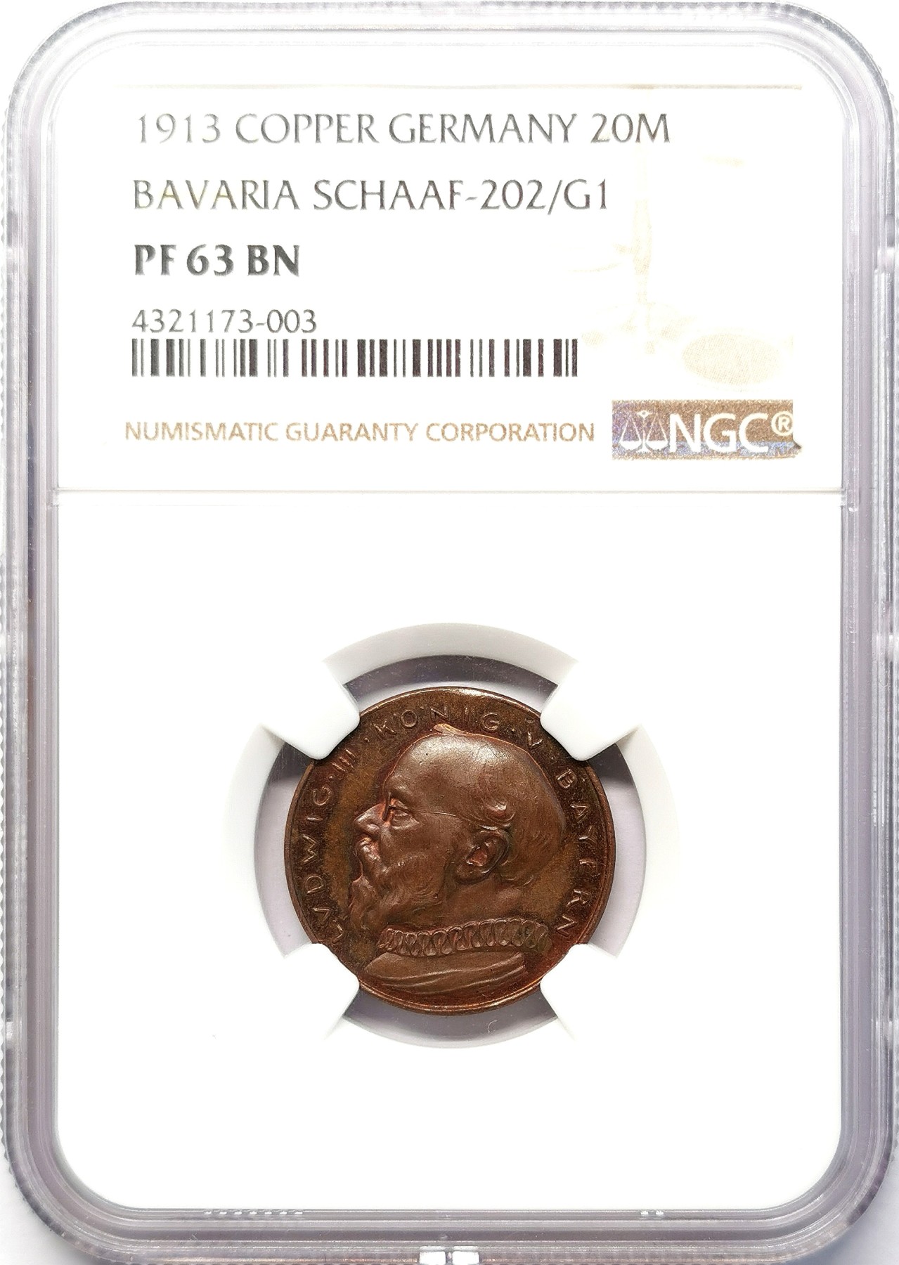 凡希社世界钱币微拍第二百六十四期 1913巴伐利亚20马克金币铜样NGC-PF63哥茨作品！