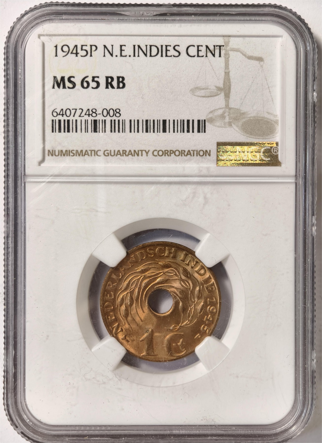紫瑗钱币——第458期 荷属东印度 1945年 P版 1分 中孔 NGC MS65 RB