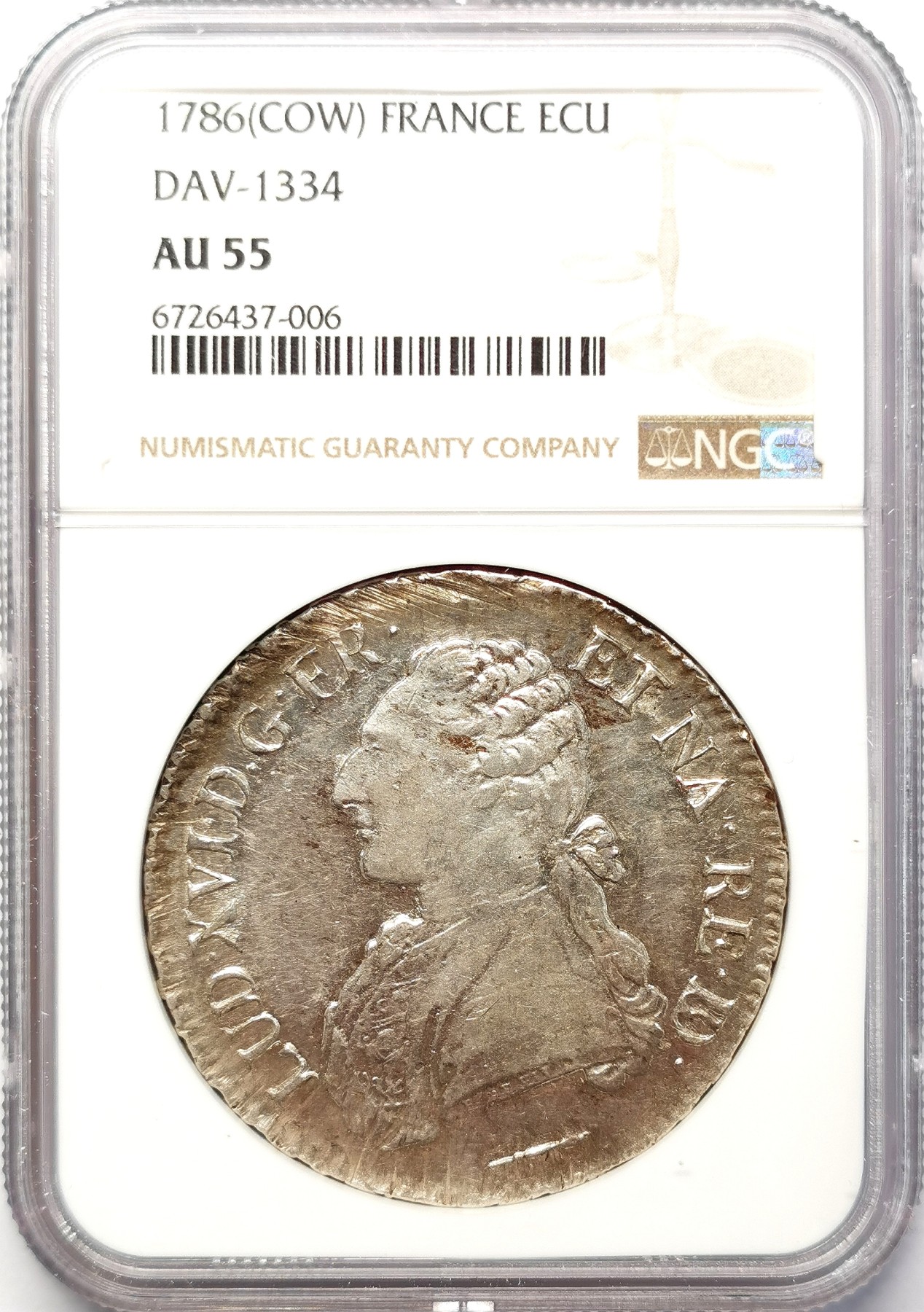 凡希社世界钱币微拍第二百六十四期 1786法国路易十六埃居大银NGC-AU55 两面深打银光品！