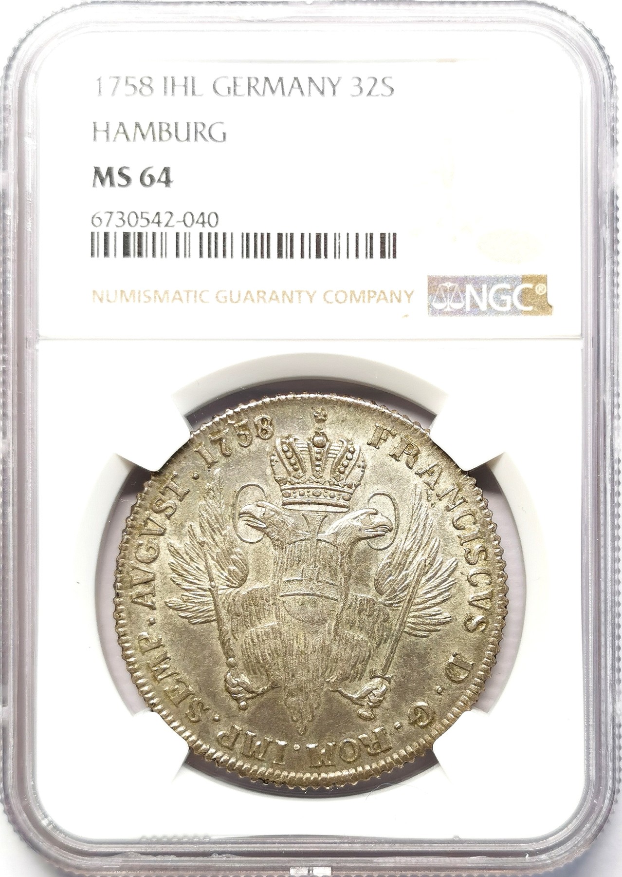 凡希社世界钱币微拍第二百六十四期 荐！1758IHL帝国自由市汉堡城市徽章32先令（2/3泰勒）大银NGC-MS64，柔和雅致的淡金包浆，N最高分！