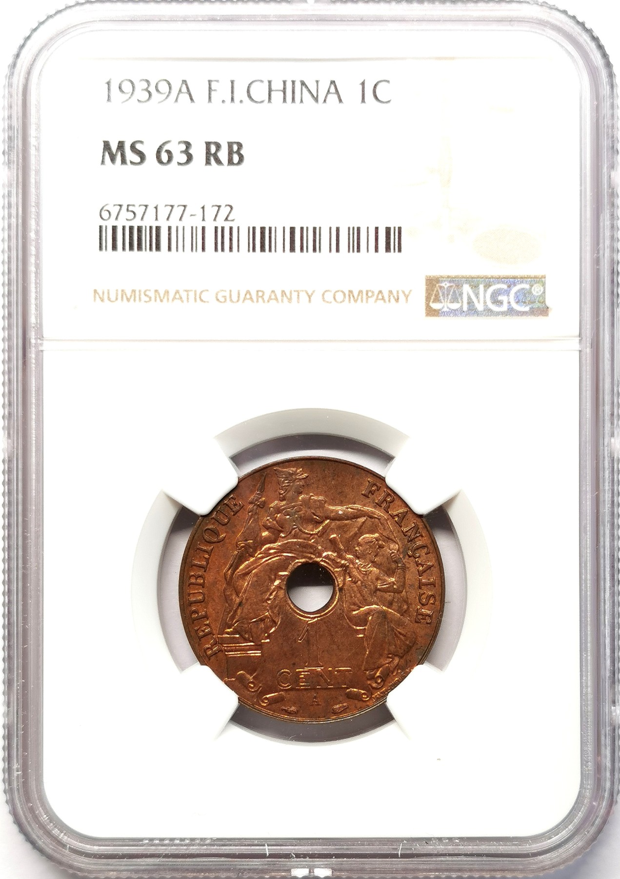 凡希社世界钱币微拍第二百六十四期 1939法属印度支那中孔百分之一皮亚斯特铜元NGC-MS63