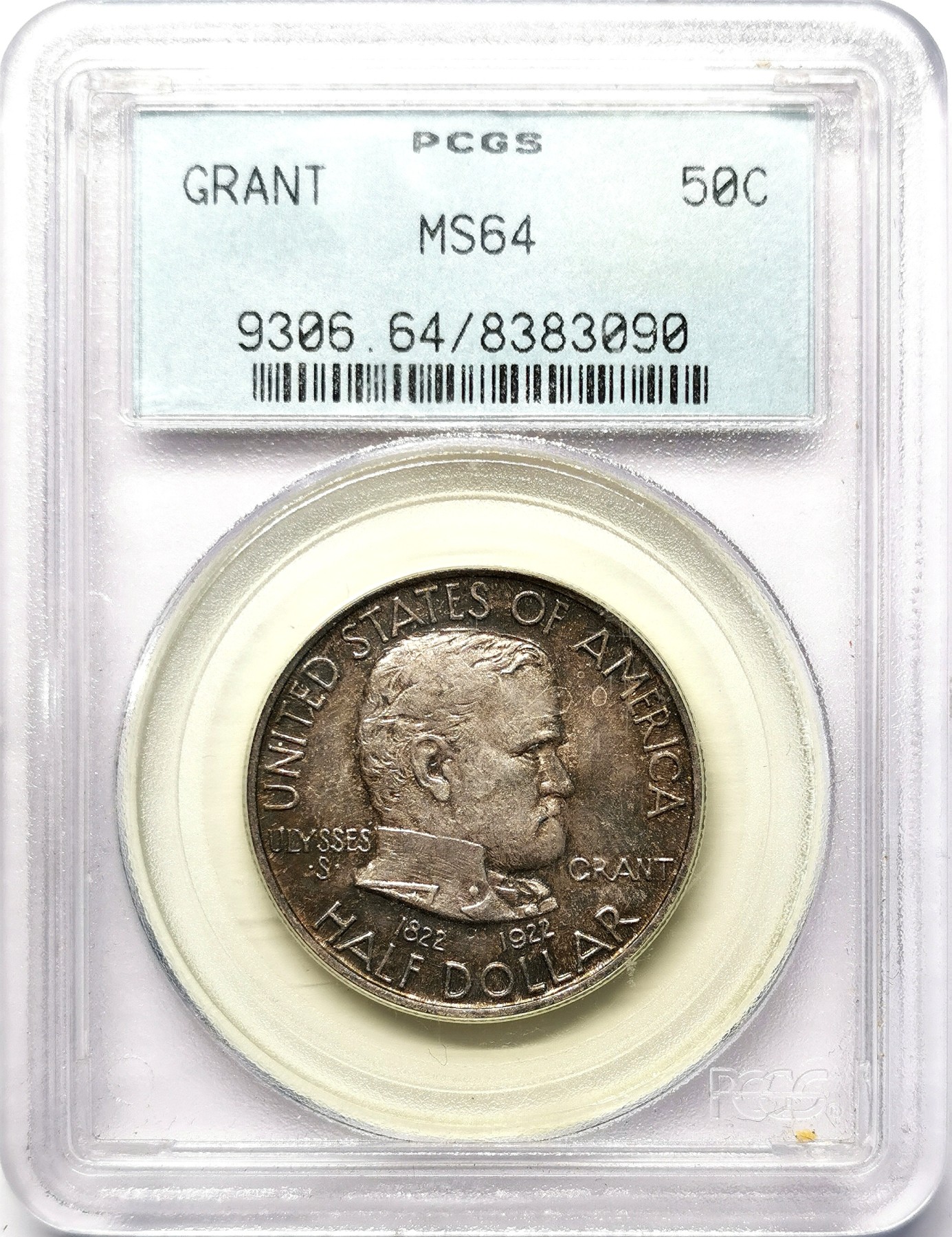 凡希社世界钱币微拍第二百六十四期 1922美国格兰特将军百年诞辰纪念1/2Dol银币PCGS-MS64 雕刻精湛，艺术性佳，富有个性的深色五彩，视觉感厚重典雅！