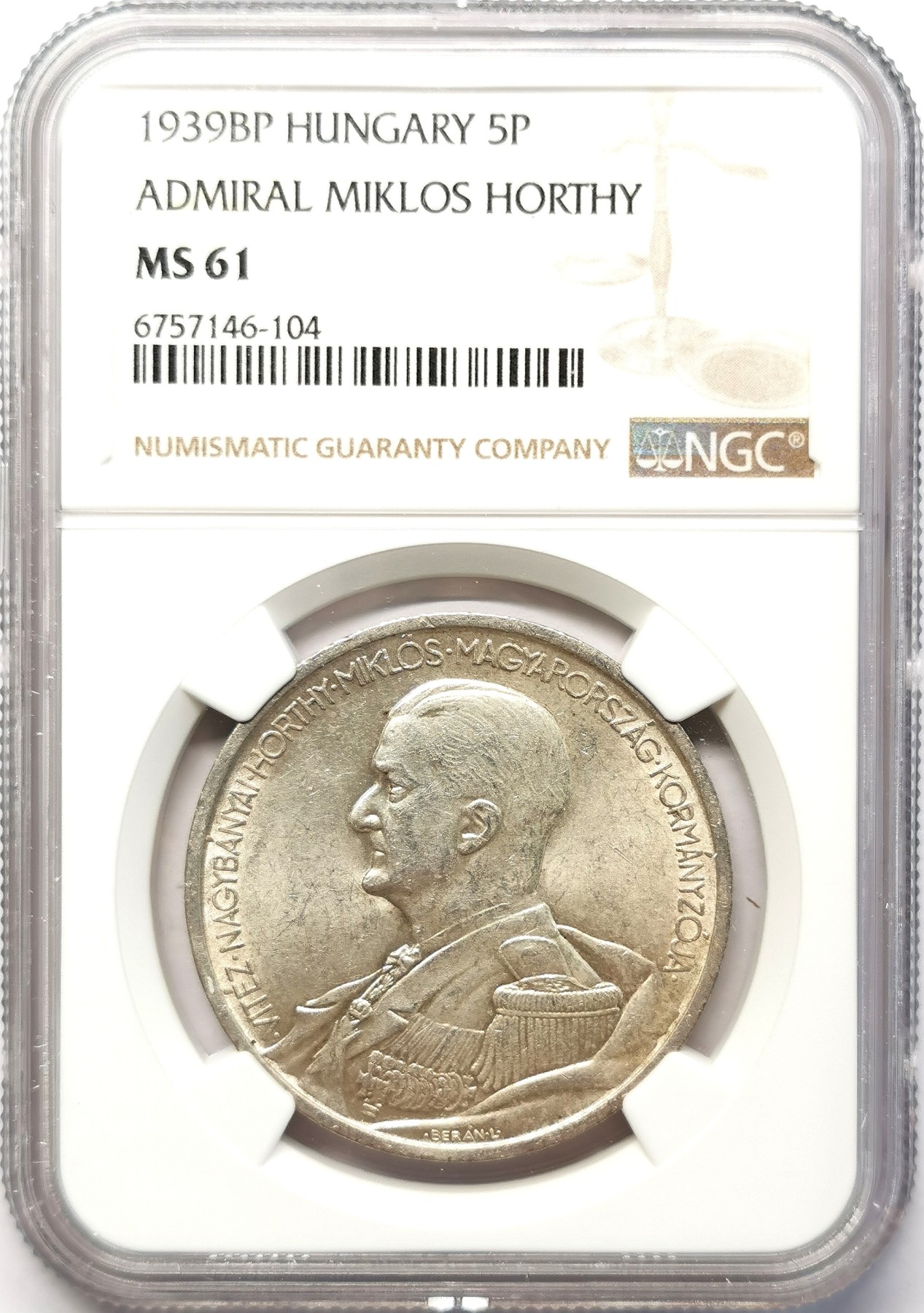 凡希社世界钱币微拍第二百六十四期 1939匈牙利霍尔蒂5P大银NGC-MS61