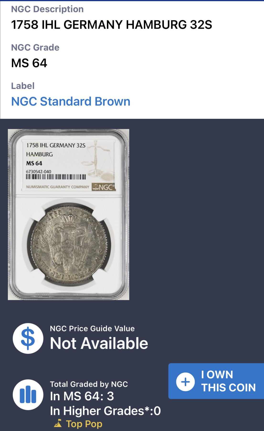 凡希社世界钱币微拍第二百六十四期 荐！1758IHL帝国自由市汉堡城市徽章32先令（2/3泰勒）大银NGC-MS64，柔和雅致的淡金包浆，N最高分！