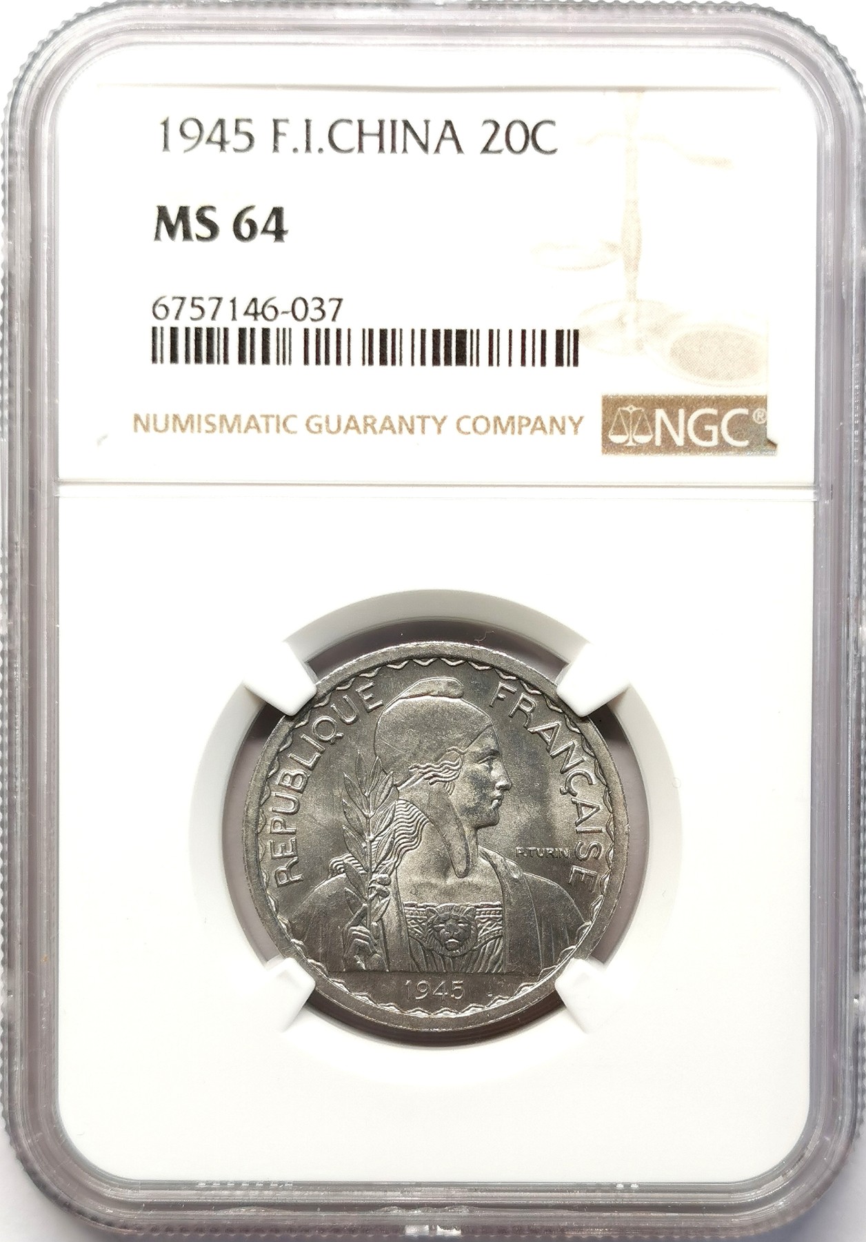 凡希社世界钱币微拍第二百六十四期 1945法属印度支那20分铝币NGC-MS64