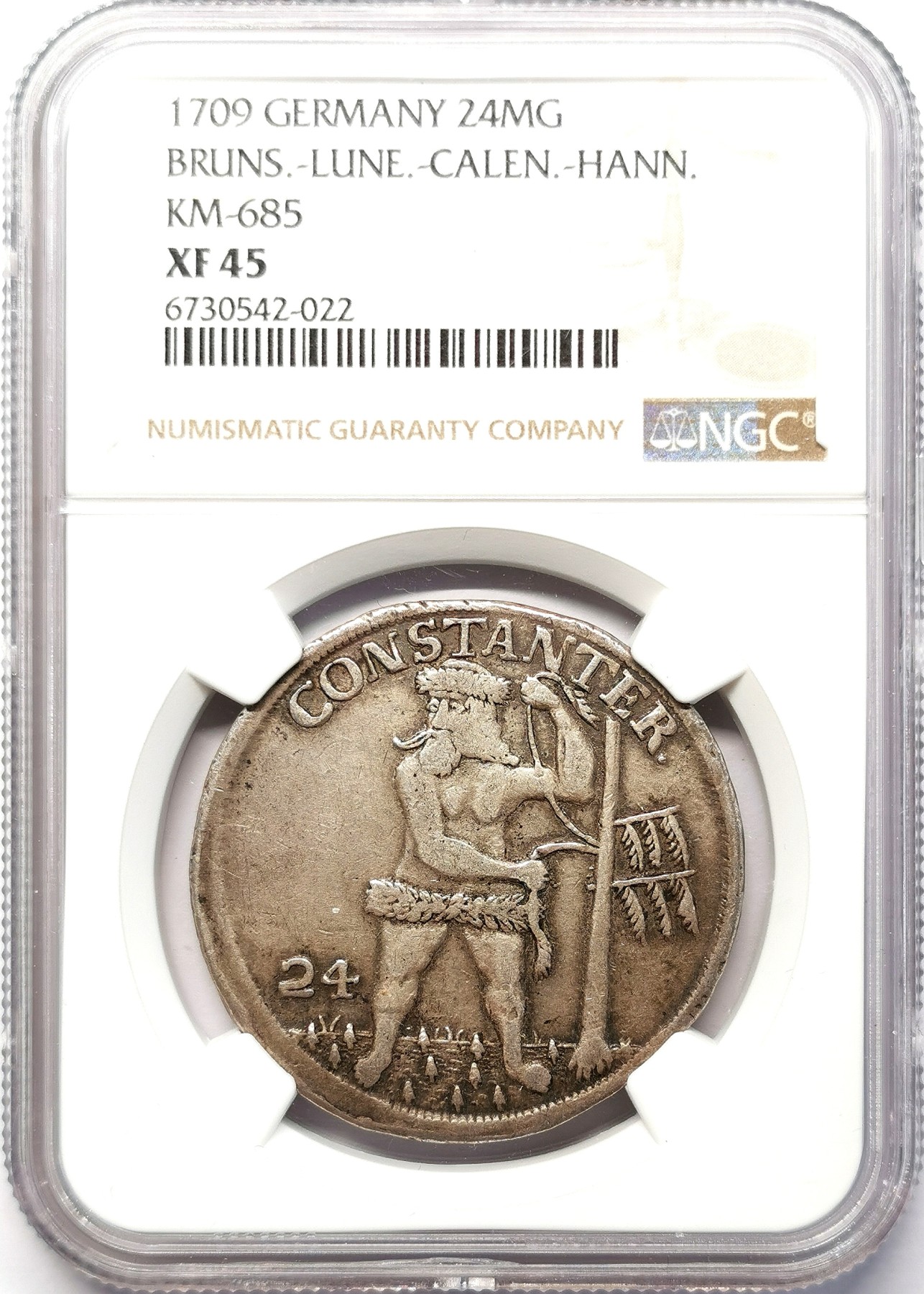 凡希社世界钱币微拍第二百六十四期 1709布伦瑞克吕内堡野人24MG（2/3泰勒）银币NGC-XF45 味道好！