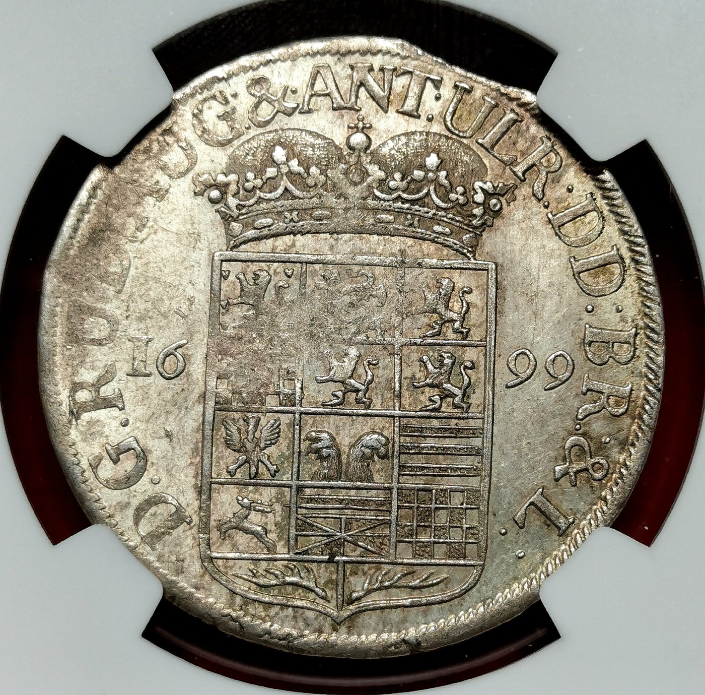 凡希社世界钱币微拍第二百六十四期 荐！1699布伦瑞克-沃芬伯特奔马2/3泰勒大银NGC-MS62，币胚错版，黄油彩光！