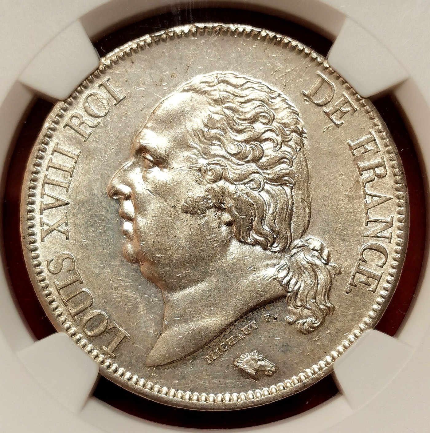 凡希社世界钱币微拍第二百六十四期 荐！1822A法国波旁王朝二次复辟路易十八5法郎大银NGC-MS62 原色银光收藏级！