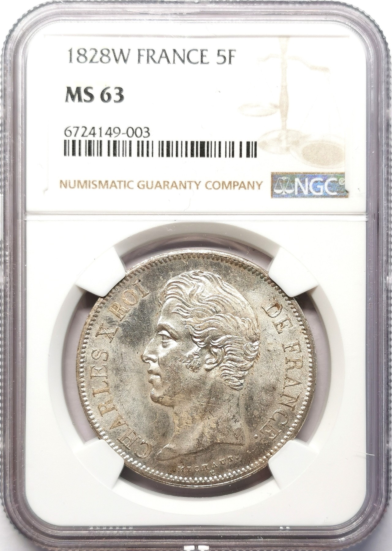 凡希社世界钱币微拍第二百六十四期 荐！1828W法国查理十世5法郎大银NGC-MS63 灰彩银光质感卓越！请参考视频。