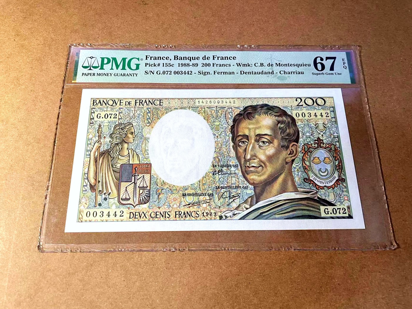 【Blue Auction】✨世界纸币精拍第451期【精】 【p155c】法国 1989年200法郎 孟德斯鸠 PMG67EPQ 高分