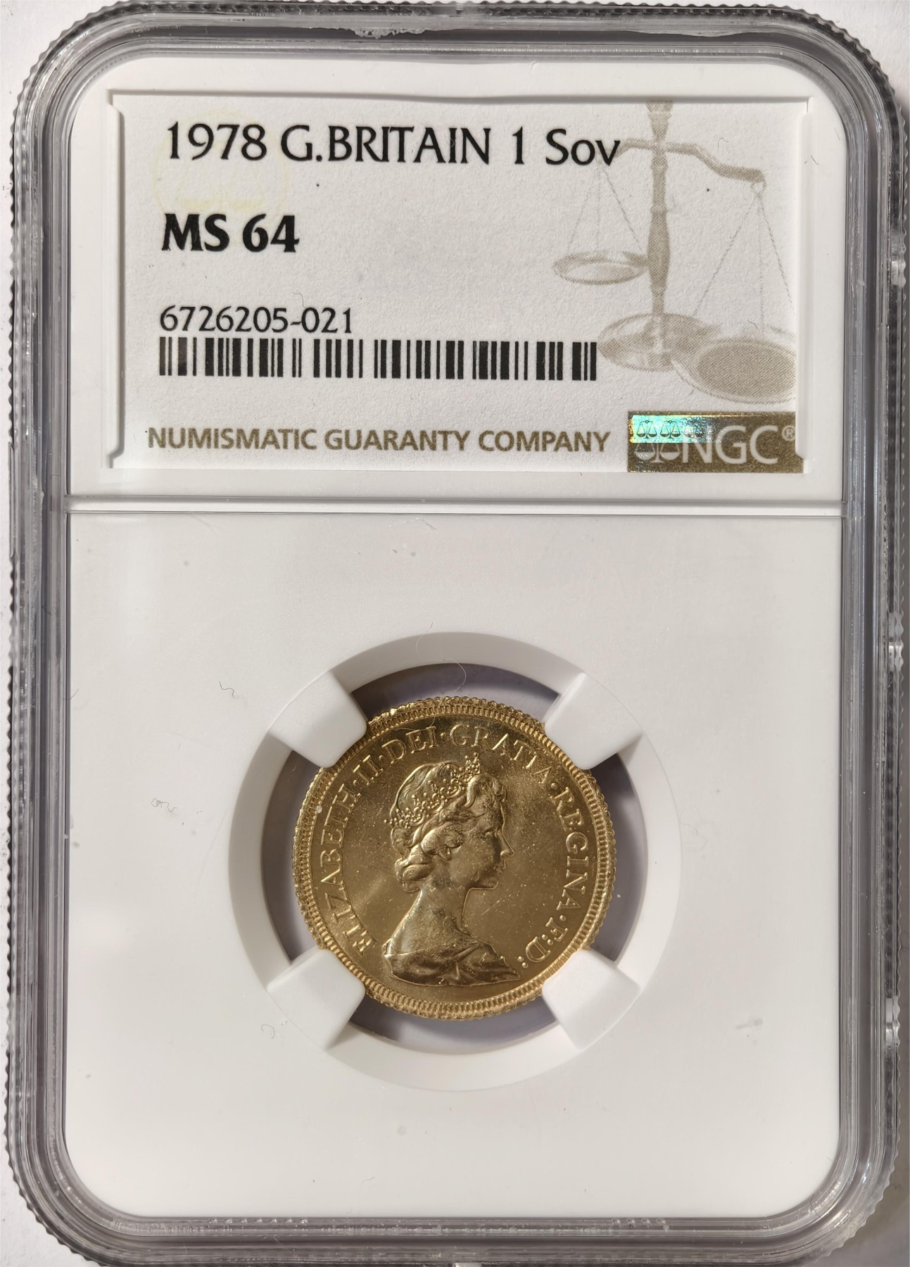 紫瑗钱币——第332期拍卖 英国 1978年 伊丽莎白二世 1索维林(磅) 金币 8克 NGC MS64