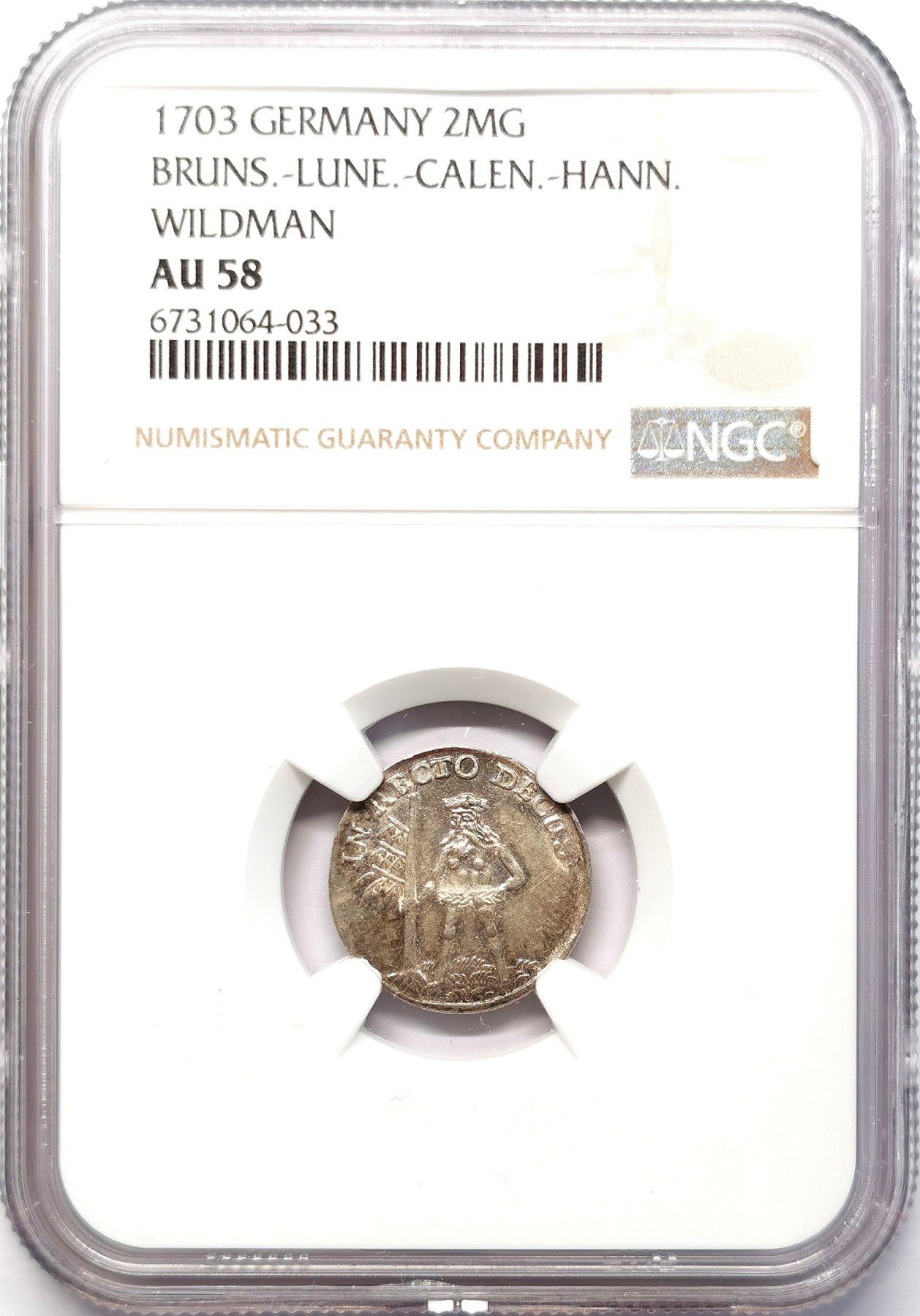 凡希社世界钱币微拍第二百六十四期 1703布伦瑞克-吕内堡小野人2MG银辅币NGC-AU58