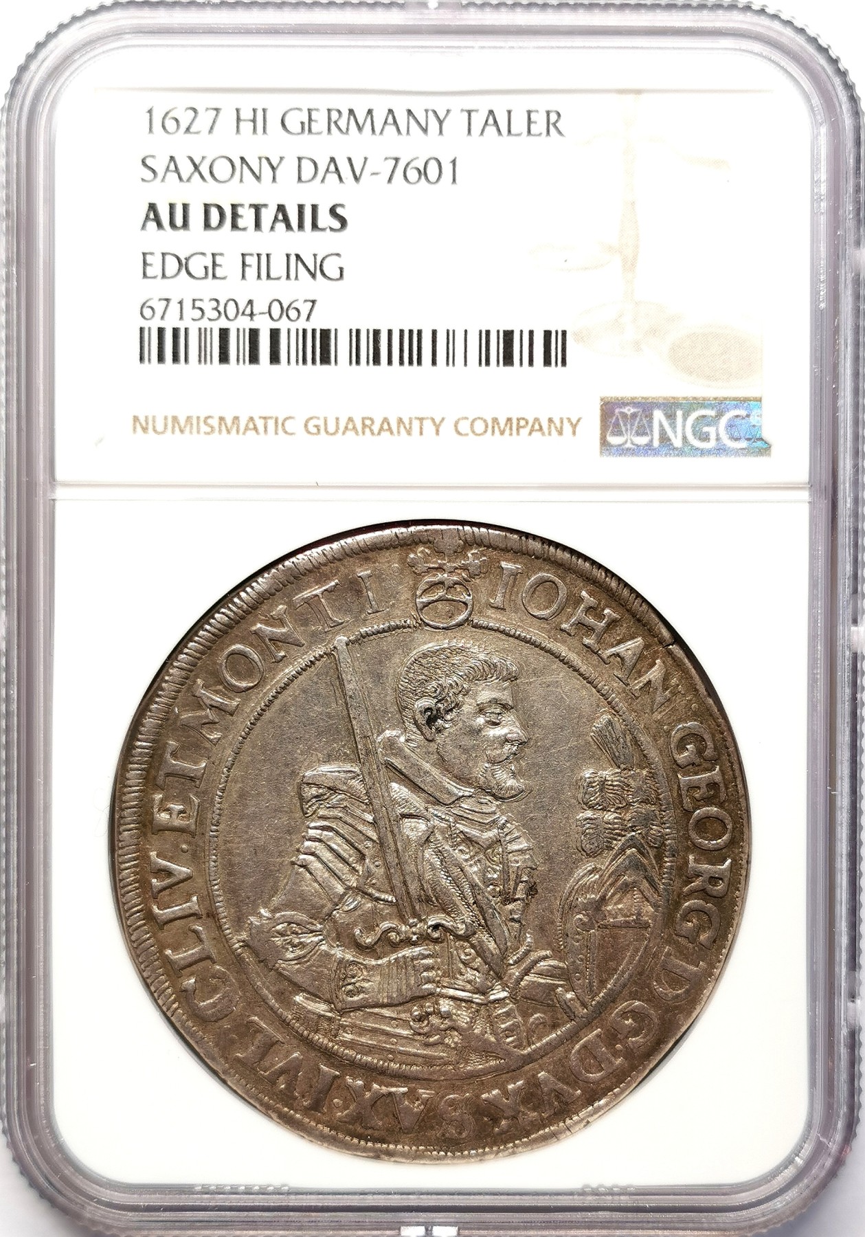 凡希社世界钱币微拍第二百六十四期 1627HI萨克森选帝侯约翰格奥尔格执剑侧像大型泰勒NGC-AUD