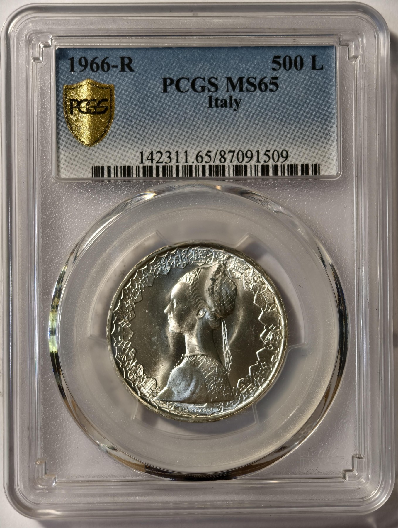 紫瑗钱币——第332期拍卖 意大利 1966年 少女与帆船 500里拉 银币 PCGS MS65