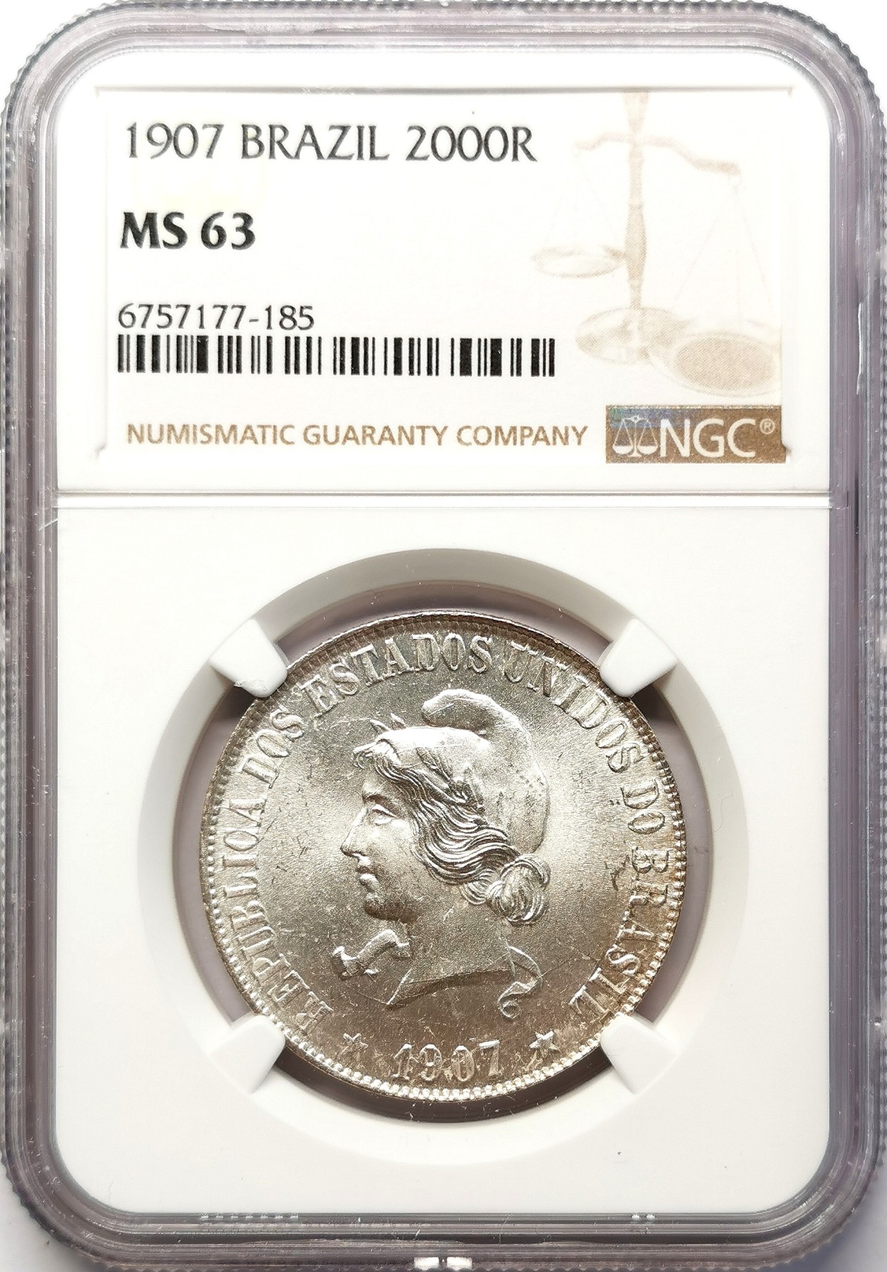 凡希社世界钱币微拍第二百六十四期 1907巴西自由女神版2000R大银NGC-MS63