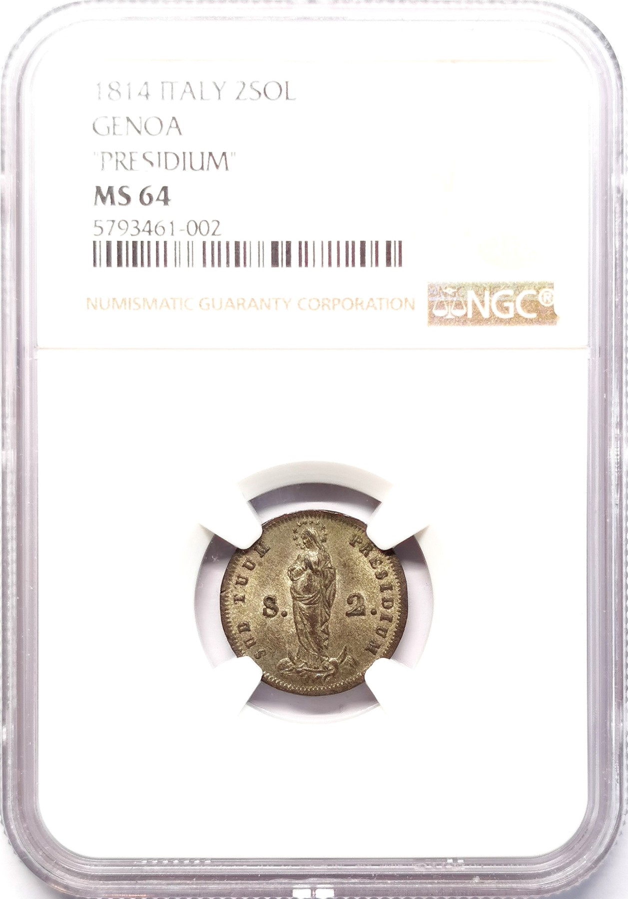 凡希社世界钱币微拍第二百六十四期 1814热那亚共和国12SOL低银辅币NGC-MS64，品相罕见！