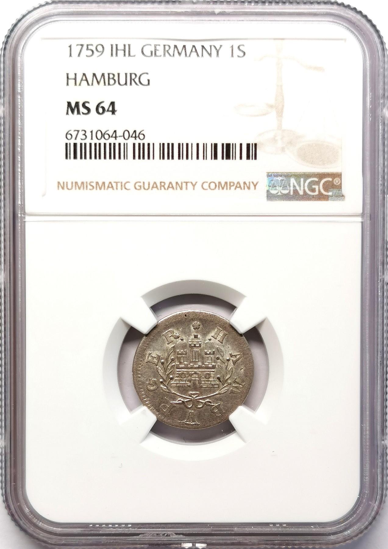 凡希社世界钱币微拍第二百六十四期 1759汉堡自由市先令银辅币NGC-MS64 高分顶级品！