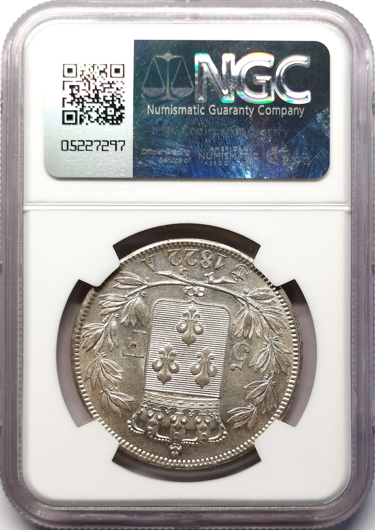 凡希社世界钱币微拍第二百六十四期 荐！1822A法国波旁王朝二次复辟路易十八5法郎大银NGC-MS62 原色银光收藏级！