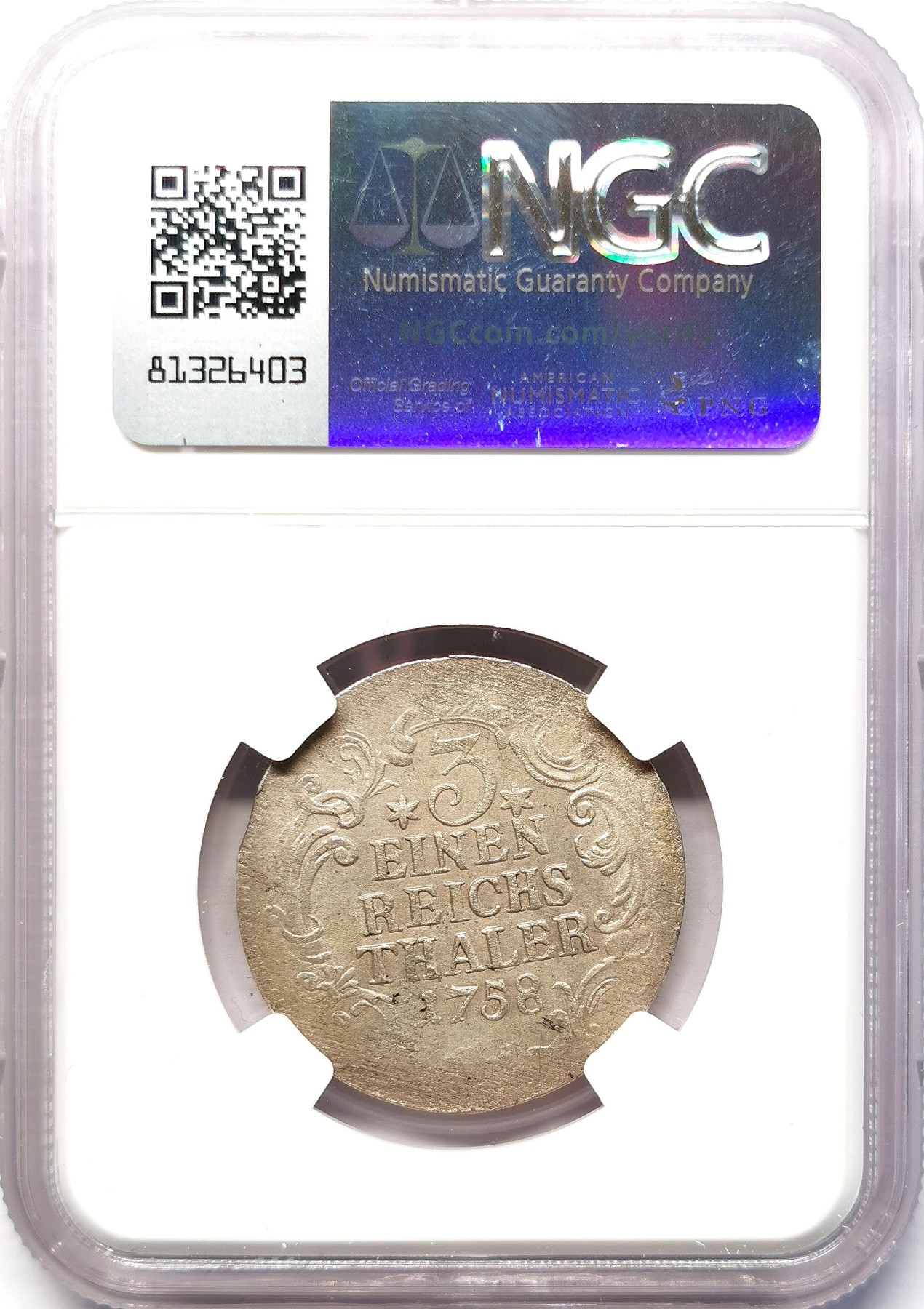 凡希社世界钱币微拍第二百六十四期 1758普鲁士弗里德里希二世1/3（1/2古尔登）泰勒银币NGC-MS62，一年型，KM284，MS罕见！