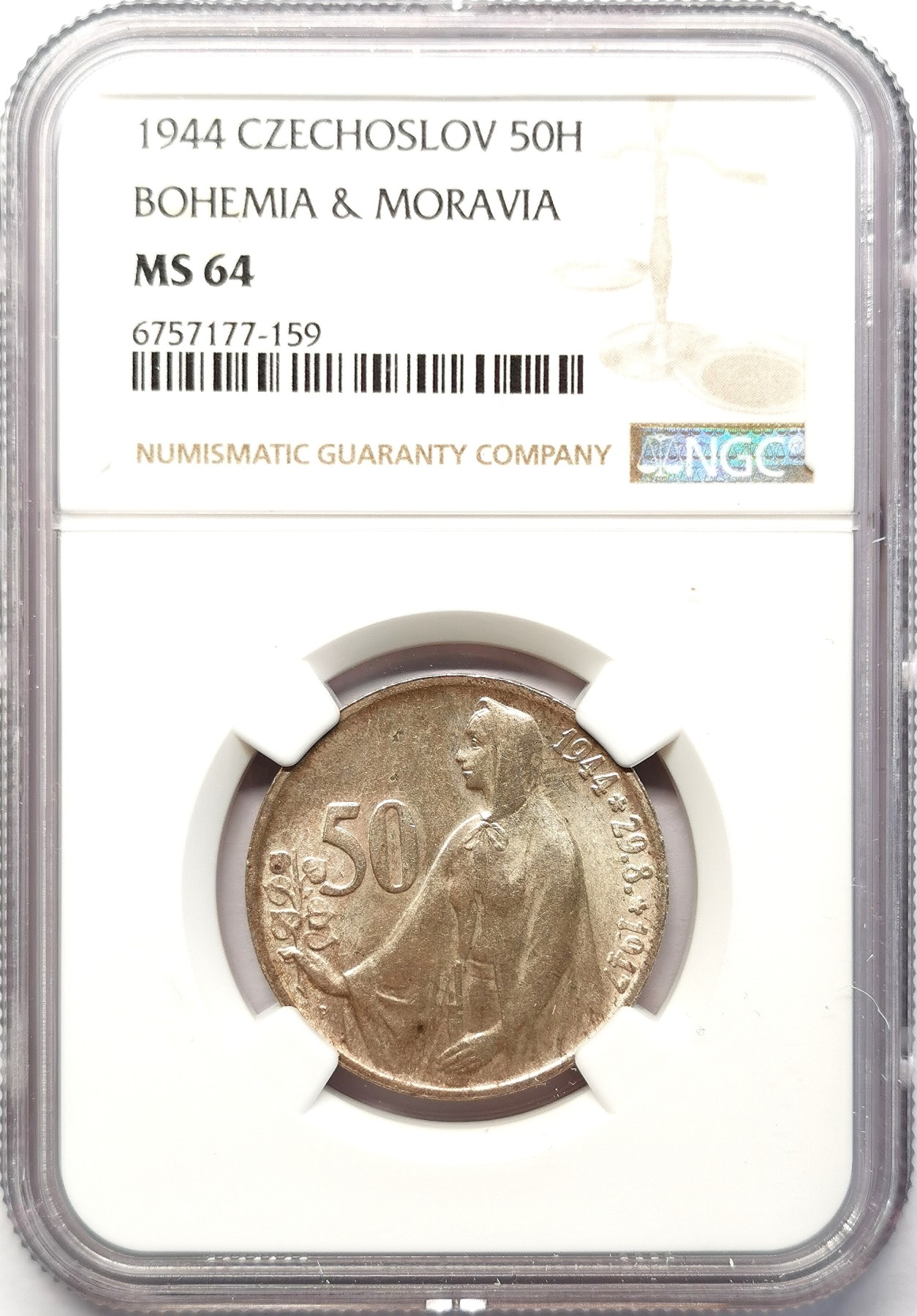 凡希社世界钱币微拍第二百六十四期 1944捷克斯洛伐克波西米亚与摩拉维亚50K银币NGC-MS64