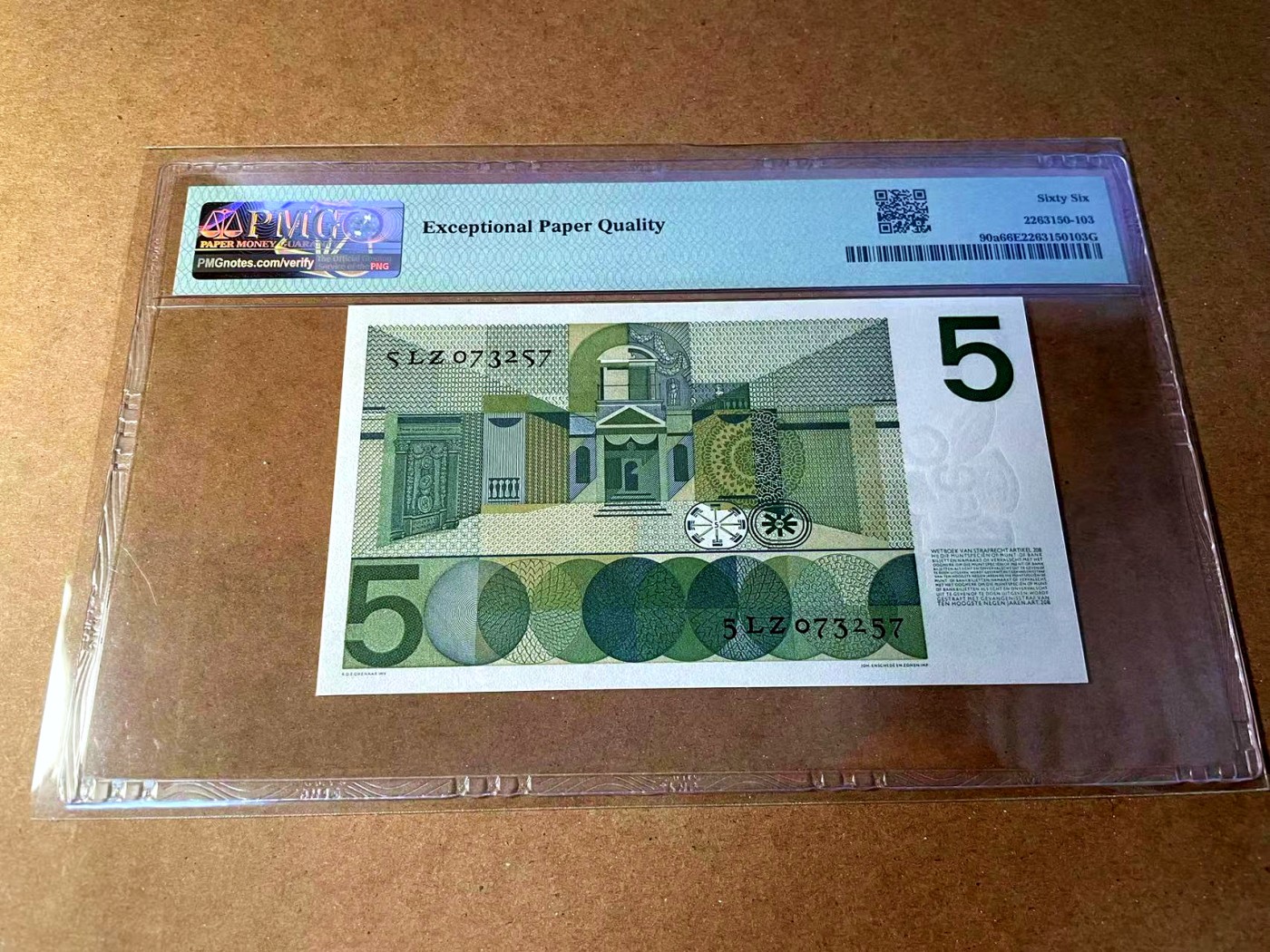 【Blue Auction】✨世界纸币精拍第451期【精】 【5LZ073257】荷兰 人像版 1966年5盾 PMG66EPQ