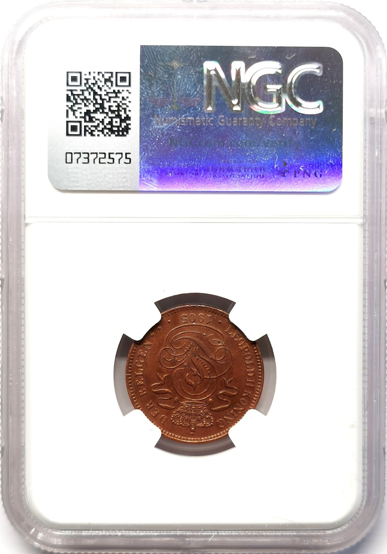 凡希社世界钱币微拍第二百六十四期 1905/2比利时弗兰芒语2C铜币NGC-MS62骑字版！