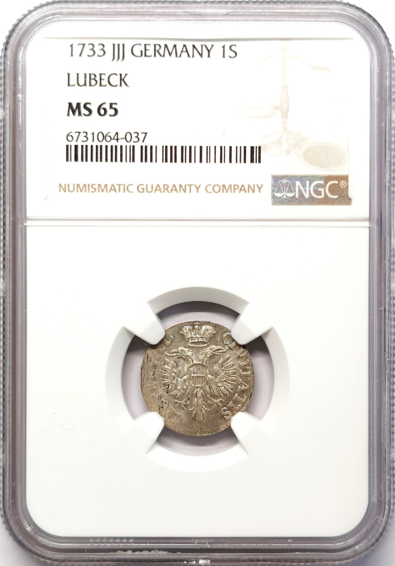 凡希社世界钱币微拍第二百六十四期 1733吕贝克自由市1S银辅币NGC-MS65 高分顶级品相！