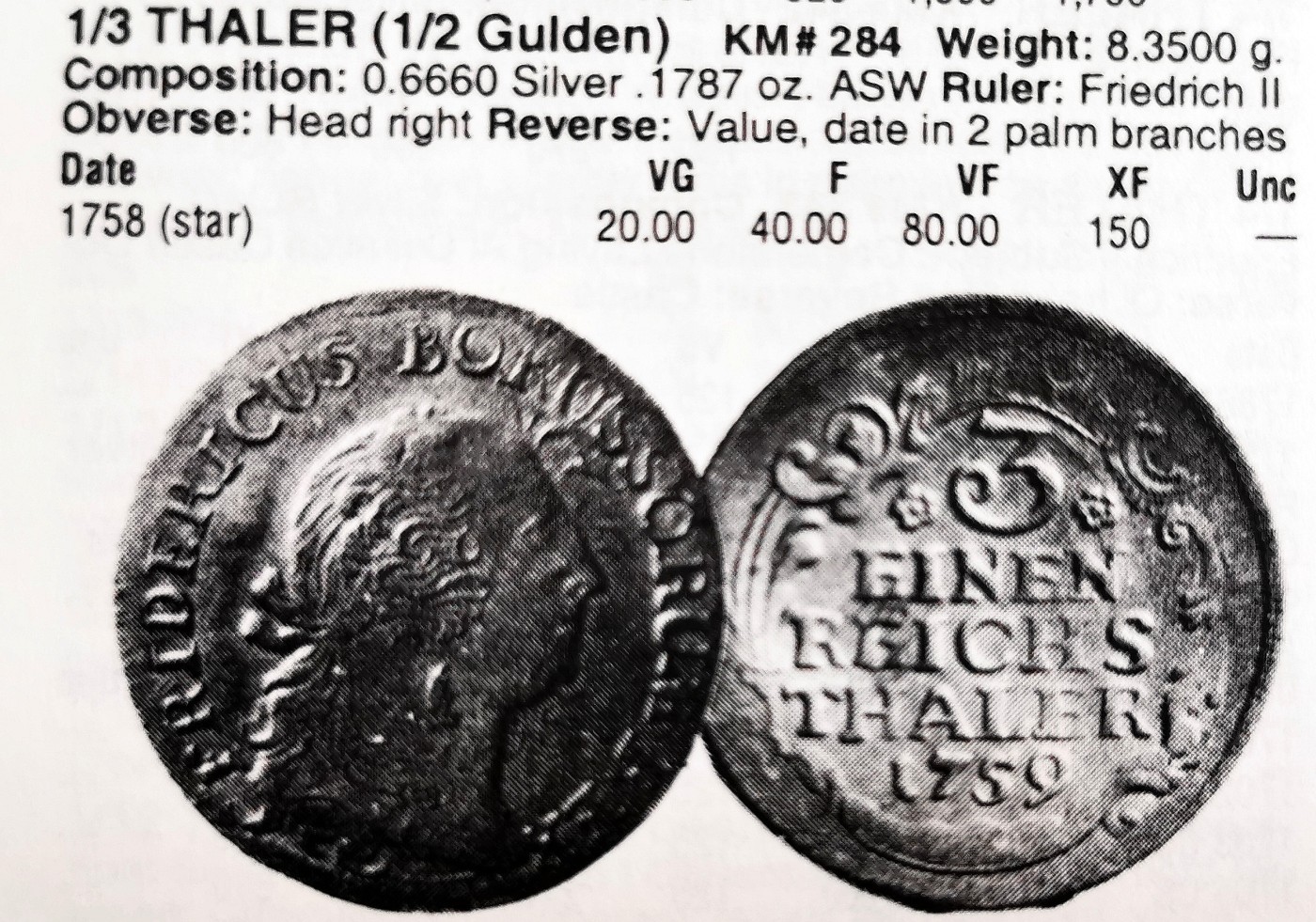 凡希社世界钱币微拍第二百六十四期 1758普鲁士弗里德里希二世1/3（1/2古尔登）泰勒银币NGC-MS62，一年型，KM284，MS罕见！