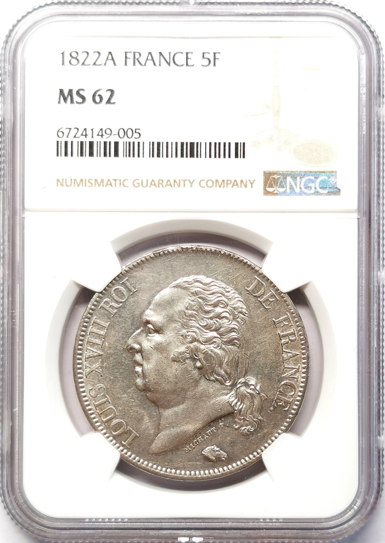 凡希社世界钱币微拍第二百六十四期 荐！1822A法国波旁王朝二次复辟路易十八5法郎大银NGC-MS62 原色银光收藏级！