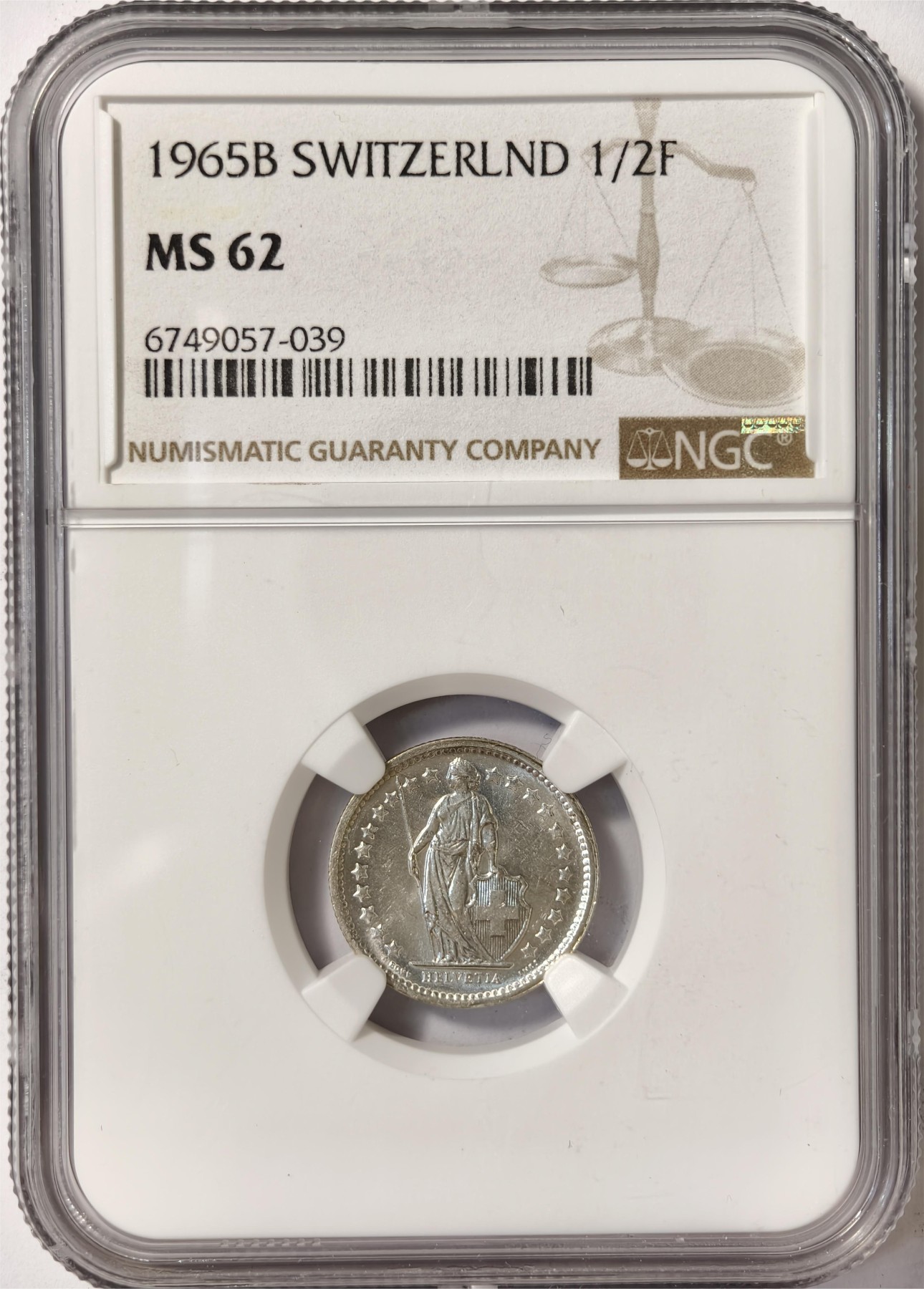 紫瑗钱币——第332期拍卖 瑞士 1965年 赫尔维蒂亚 1/2法郎 银币 NGC MS62