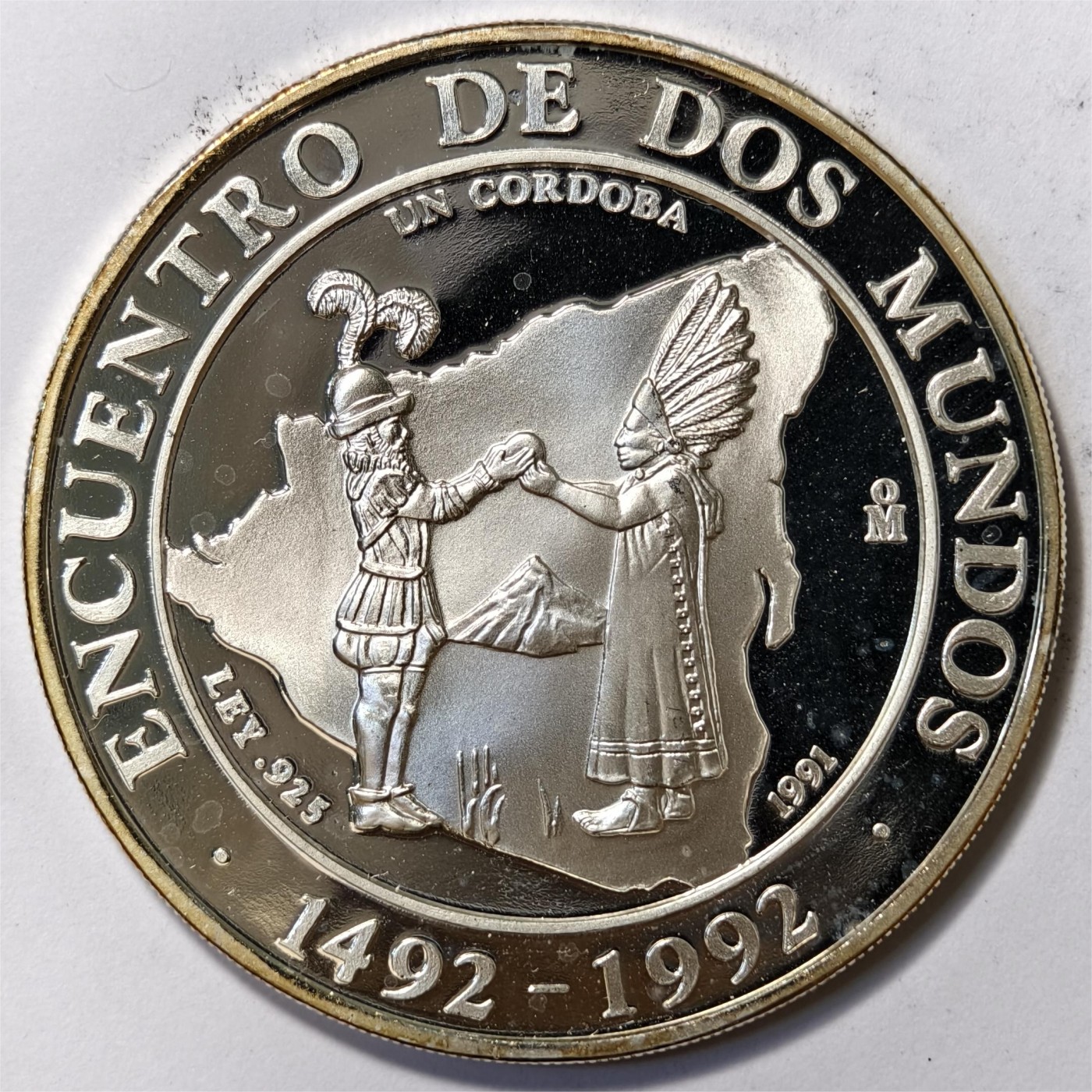 紫瑗钱币——第332期拍卖 尼加拉瓜 1991年 伊比利亚-美洲 征服者与土著人 1科罗多巴 27克 0.925银 精制