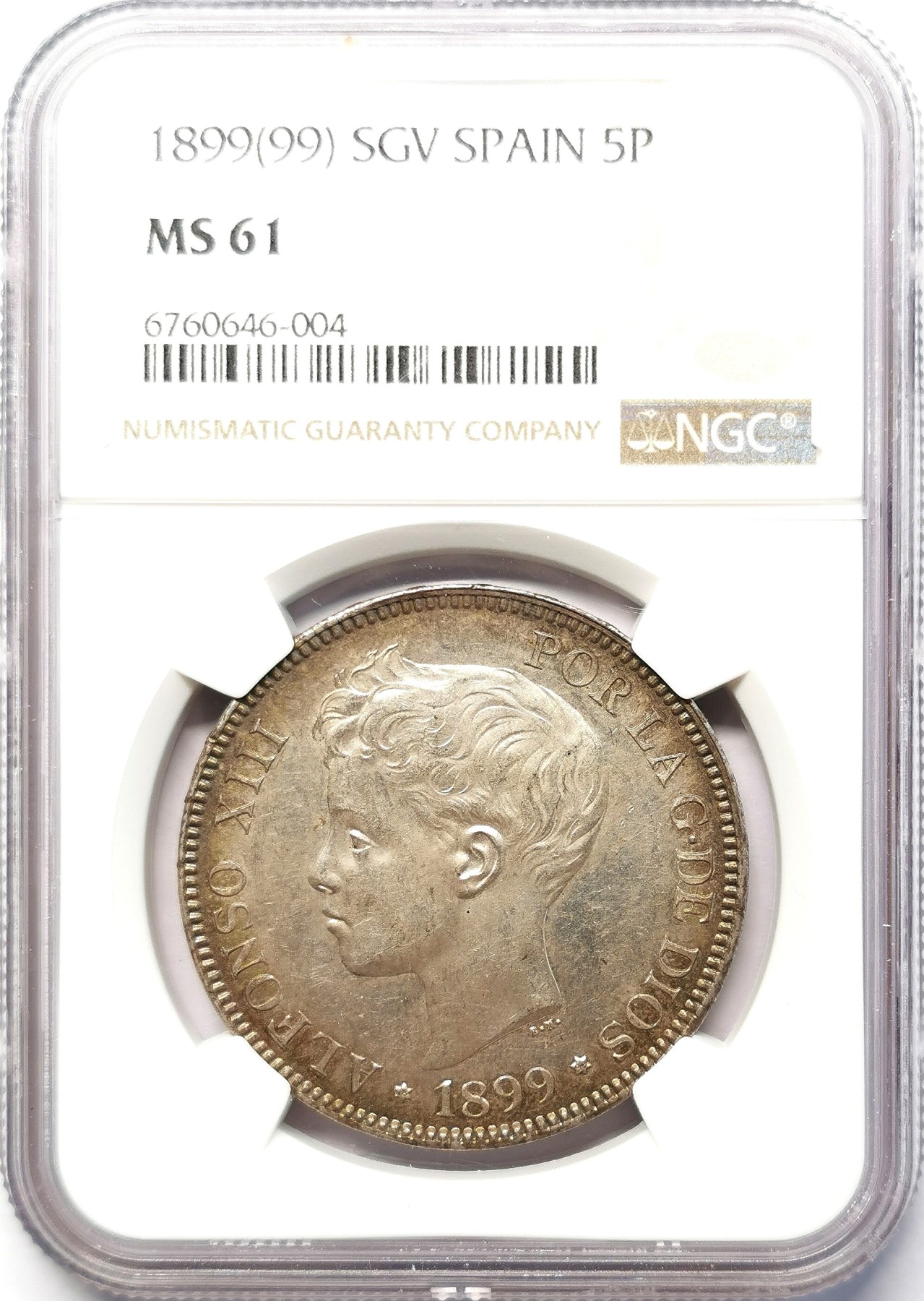 凡希社世界钱币微拍第二百六十四期 1899西班牙阿丰索十三世儿童头像5P大银NGC-MS61