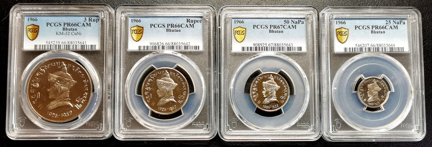 凡希社世界钱币微拍第二百六十四期 1966不丹国王吉美旺秋精铸PS四枚套PCGS-PR66/67CAM附原盒证书！