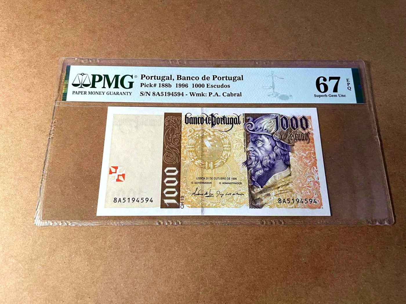 【Blue Auction】✨世界纸币精拍第451期【精】 【p188b】葡萄牙 1996年1000埃斯库多 PMG67EPQ 高分 