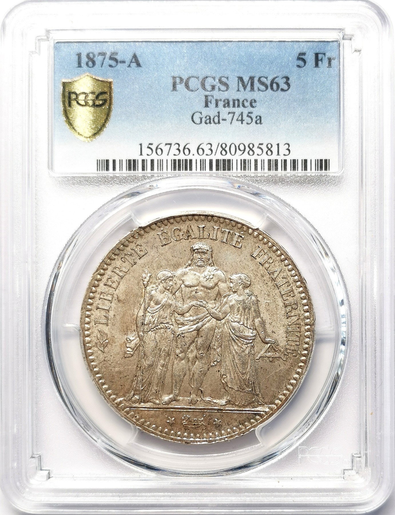 凡希社世界钱币微拍第二百六十四期 1875A法国大力神5法郎大银PCGS-MS63黄光淡彩！