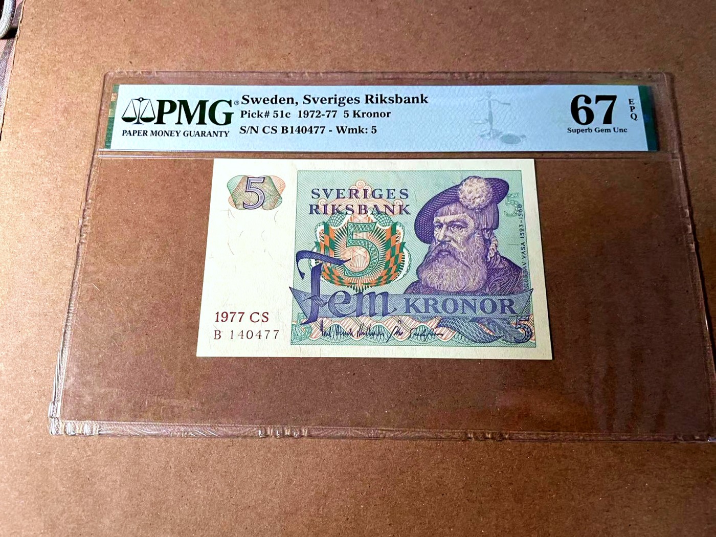 【Blue Auction】世界纸币精拍第452期——丹麦&瑞典专场 【p51c】瑞典 1977年5克朗 PMG67EPQ 高分 
