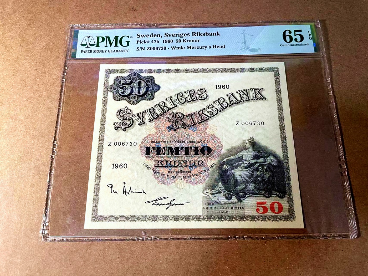 【Blue Auction】世界纸币精拍第452期——丹麦&瑞典专场 【p47b 千位小号】瑞典 1960年50克朗 PMG65EPQ  大方块