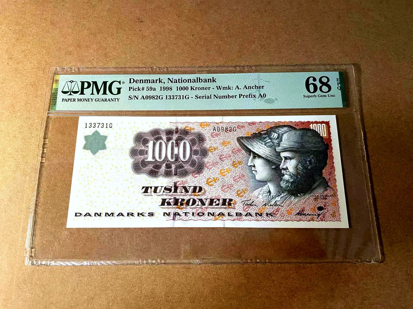 【Blue Auction】世界纸币精拍第452期——丹麦&瑞典专场 【p59a A0冠】丹麦 1998年 1000克朗 PMG68EPQ 超高分