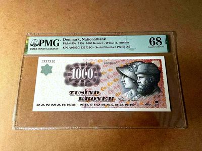 【Blue Auction】世界纸币精拍第452期——丹麦&瑞典专场 - 【p59a A0冠】丹麦 1998年 1000克朗 PMG68EPQ 超高分