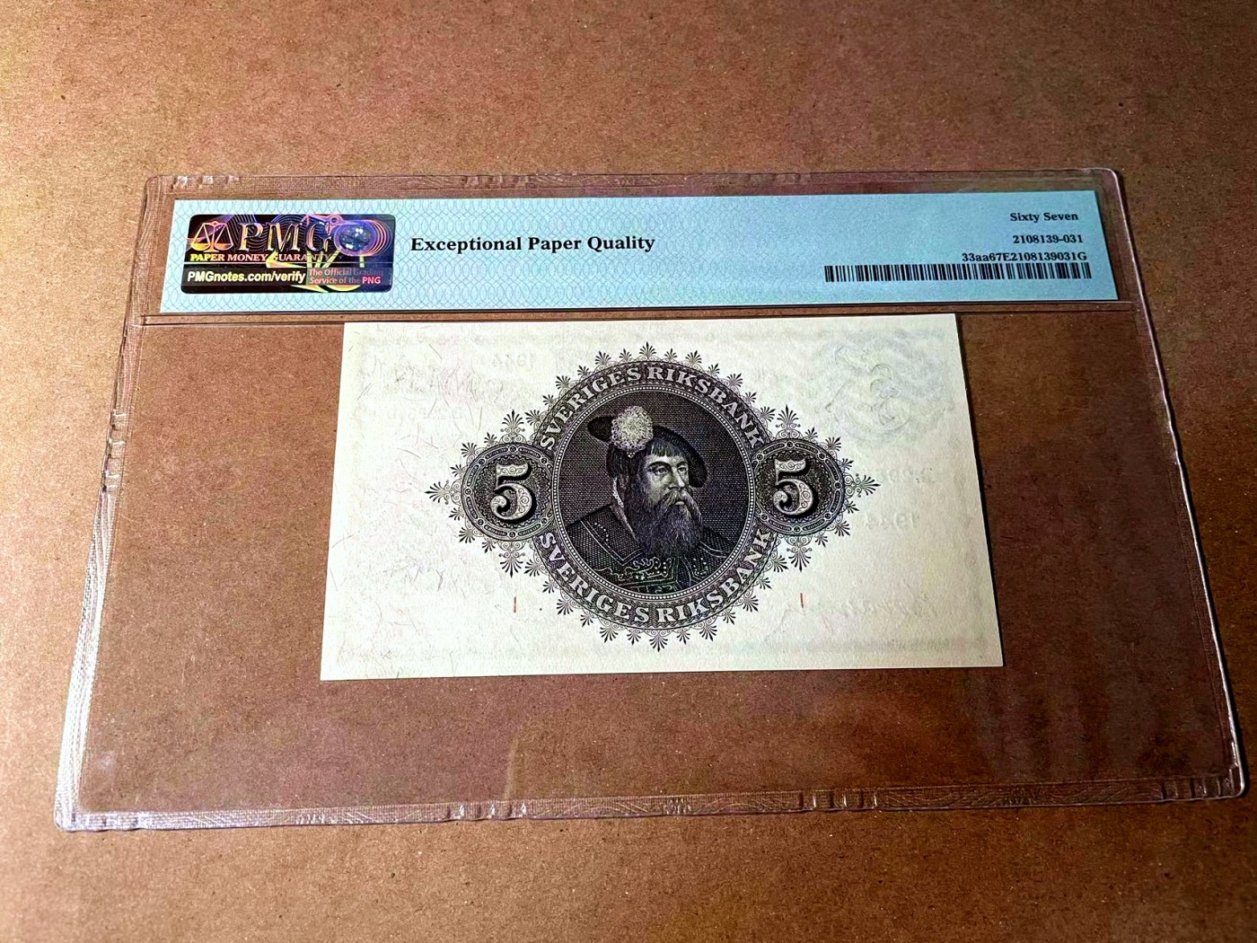 【Blue Auction】世界纸币精拍第452期——丹麦&瑞典专场 【p33aa】瑞典 1944年5克朗 PMG67EPQ 高分