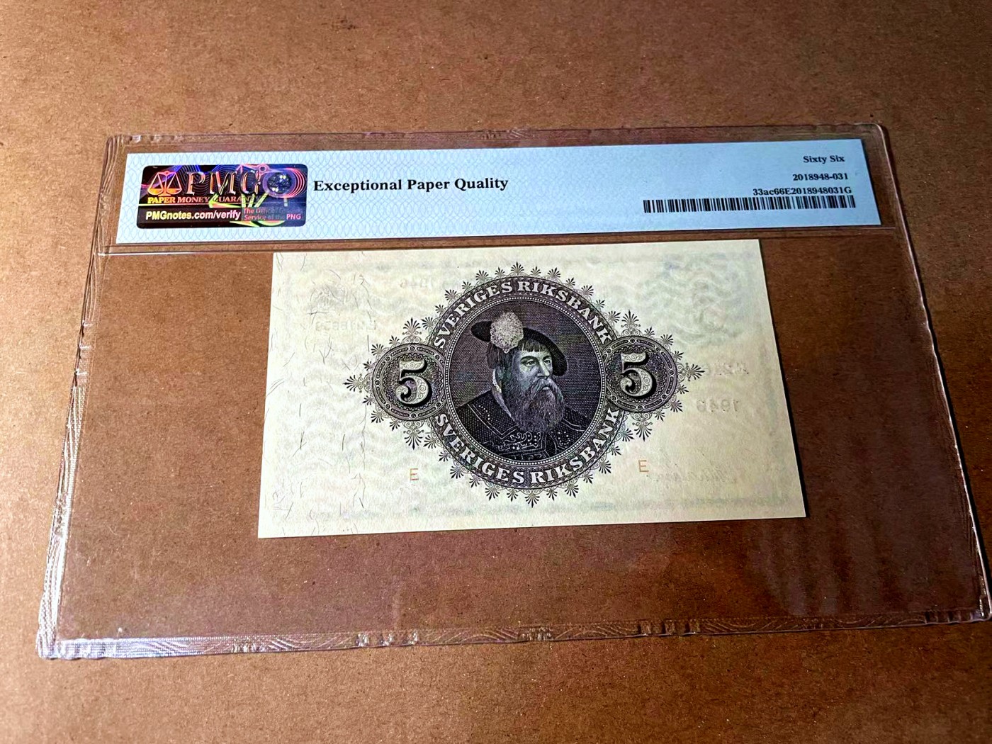 【Blue Auction】世界纸币精拍第452期——丹麦&瑞典专场 【p33ac 无47】瑞典 1946年5克朗 PMG66EPQ  