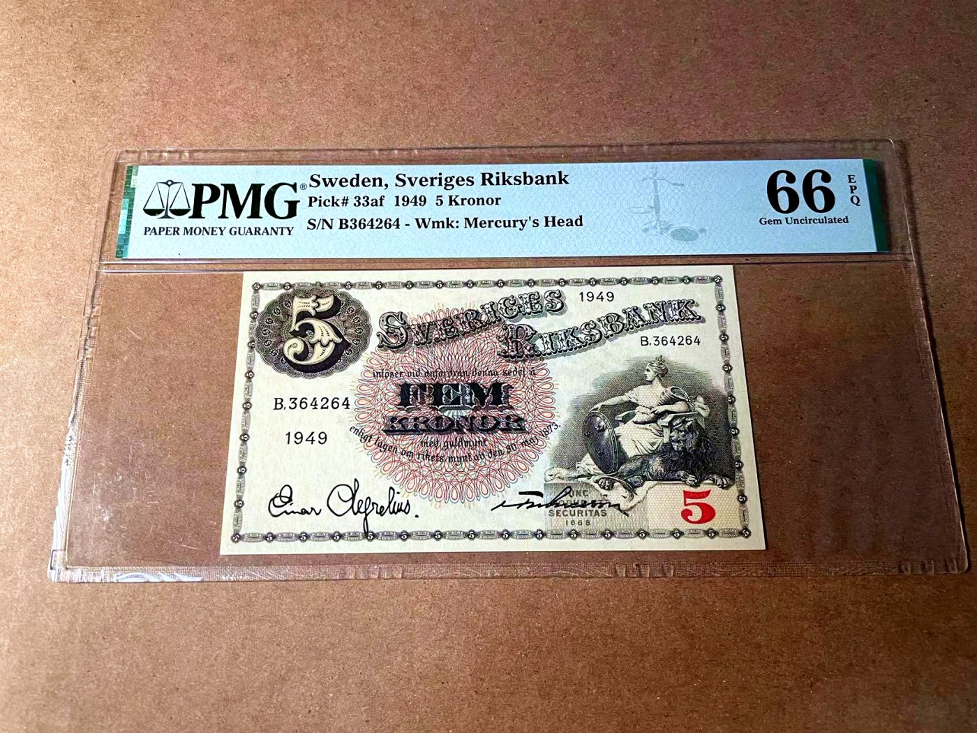 【Blue Auction】世界纸币精拍第452期——丹麦&瑞典专场 【p33af】瑞典 1949年5克朗 PMG66EPQ  