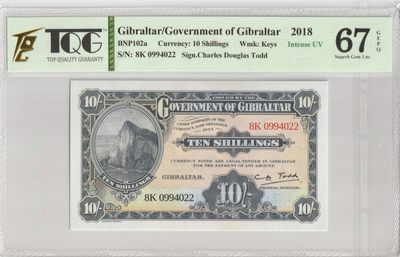 PThappally收藏第27次拍卖，英联邦地区硬币纸币 - GIBRALTAR, Government of Gibraltar 2018 10 Shillings, Pick 41 SN # 8K 0994022, TQG 67 GEPQ Superb Gem UNC