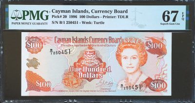 世界靓号纸钞第四十三期 - 1996年开曼群岛最大面值100元 首发B1冠 PMG67 超高分 亚军分