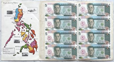 2024第12场（总第164期）：精品塑料钞、纪念钞专场 - 菲律宾“央行成立40周年”5比索纪念钞8联体册装UNC（右上角有一条压痕）内含倒置号2张