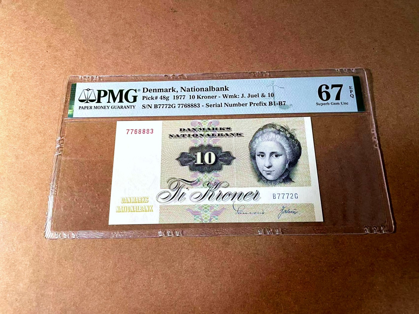 【Blue Auction】世界纸币精拍第452期——丹麦&瑞典专场 【p48g】丹麦 1977年 10克朗 PMG67EPQ 高分