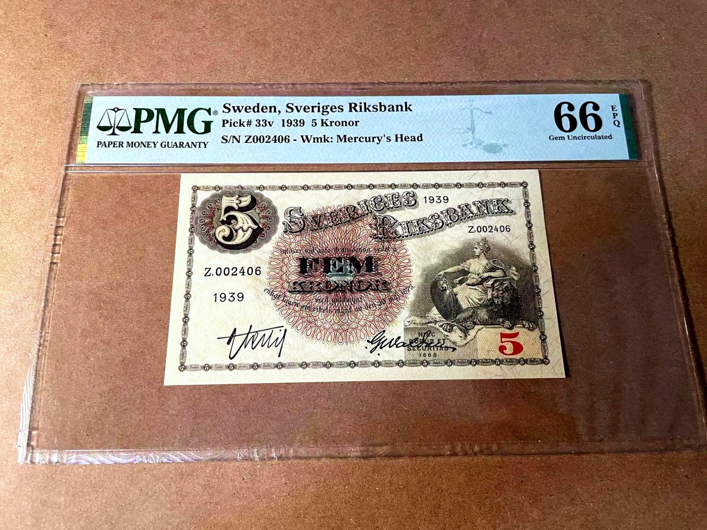 【Blue Auction】世界纸币精拍第452期——丹麦&瑞典专场 【p33v 千位小号】瑞典 1939年5克朗 PMG66EPQ 